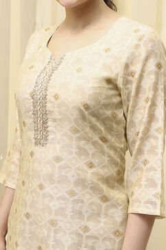 Beige Chanderi Jamdani Unstitched Suit Set image number 2