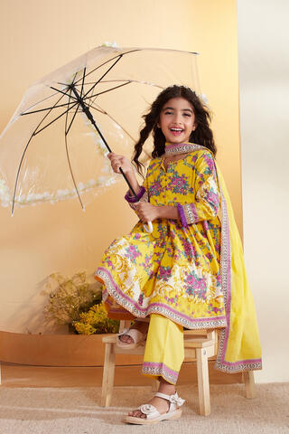 BIBA Cotton Printed Anarkali Festive Kurta With Palazzo And Dupatta in Yellow
