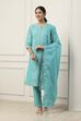 Turquoise Blue Cotton Ethnic Motif Printed Straight Suit Set image number 0