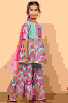 Turquoise Cotton Ikat Printed Peplum Flared Suit Set image number 3