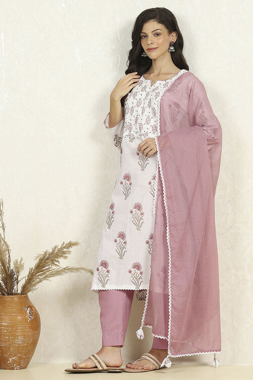 Blue Cotton Unstitched Suit Set image number 1
