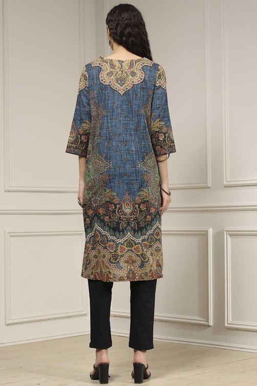 Blue Cotton Printed Straight Kurta image number 3