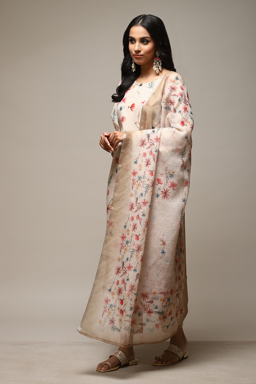Cream Linen Digital Print Unstitched Suit Set image number 11