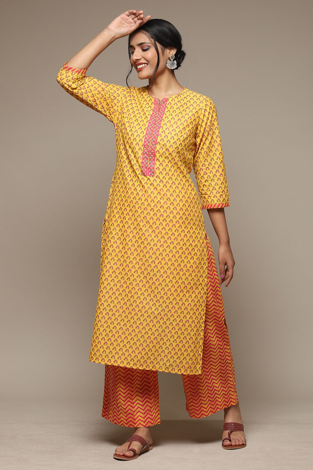 Off White Cotton Straight Kurta Palazzo Suit Set image number 0