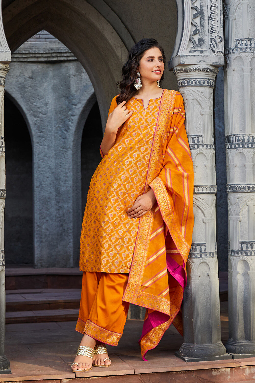 Mustard Cotton Blend Straight Yarndyed Kurta Palazzo Suit Set image number 0