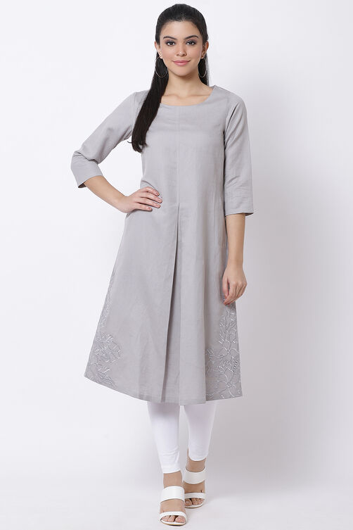 Grey Cotton Linen A-Line Yarndyed Kurta image number 0