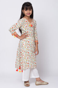 White Cotton A-Line Straight Kurta Palazzo Suit Set image number 3