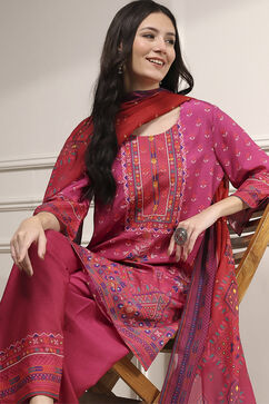 Pink Viscose Rayon Straight Printed Suit Set image number 7