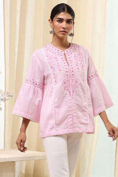 Pink Cotton Striped Straight Short Kurta image number 5