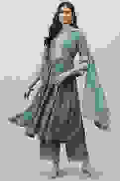 Sage Green Rayon Gathered Kurta Palazzo Suit Set image number 1