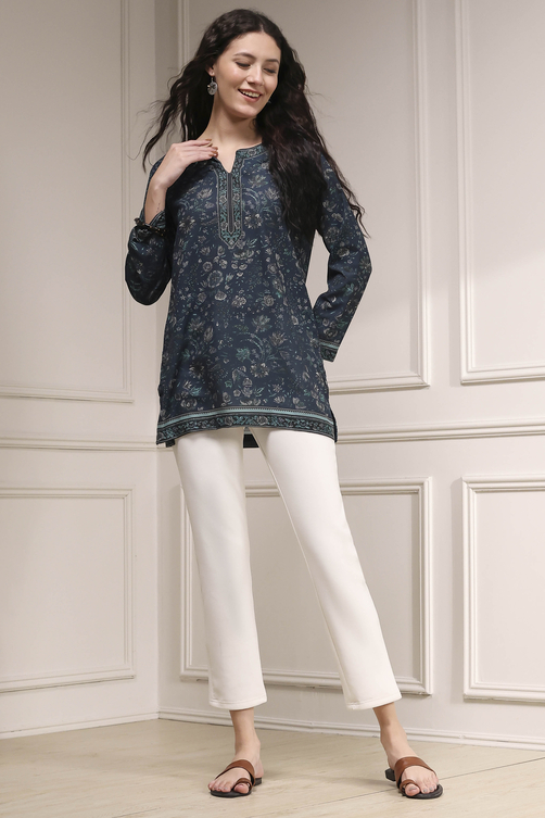 Bimba Women's Blue Kurti - Long Indian Ethnic Tunic With 3/4 Sleeves, Boho Chic Cotton Top