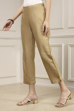 Beige Viscose Rayon Fitted Solid Pants image number 2