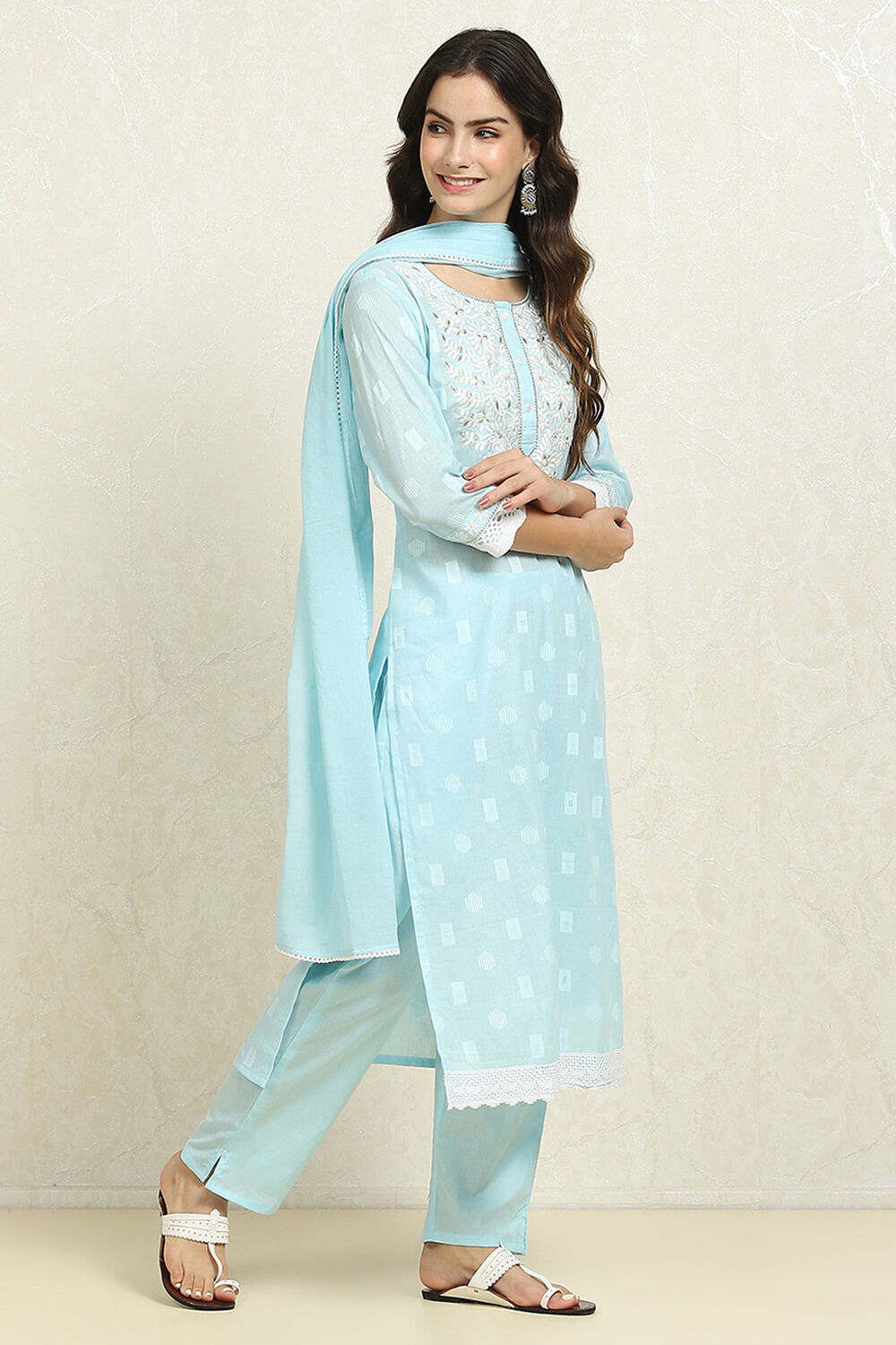 Blue Cotton Handloom Unstitched Suit Set image number 6