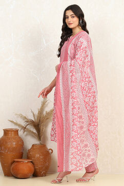 Pink Cotton Screen Printed Unstitched Suit Set image number 4