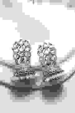 White Stone-Studded Oxidised Jhumkas image number 0