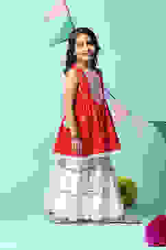 Red Cotton Gathered Kurta Sharara 2 Piece Set image number 5