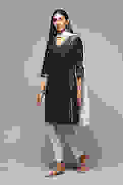 Charcoal Cotton Straight Kurta Regular Pants Suit Set image number 5