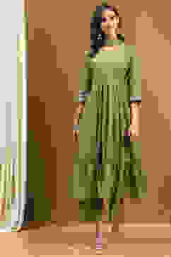 Green Cotton Printed Festive Gathered Suit Set image number 6