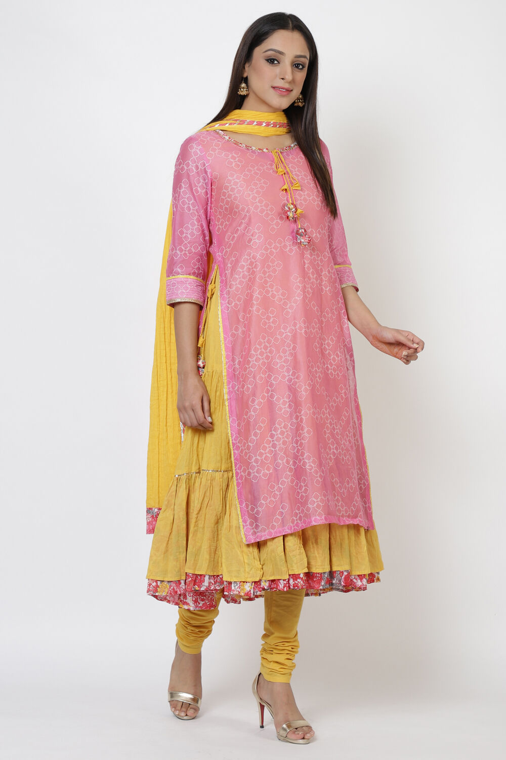 Pink Cotton A-Line Kurta Churidar Suit Set image number 4