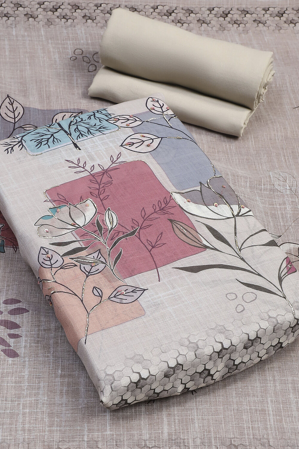 Wine Linen Blend Machine Embroidered Unstitched Suit Set image number 3