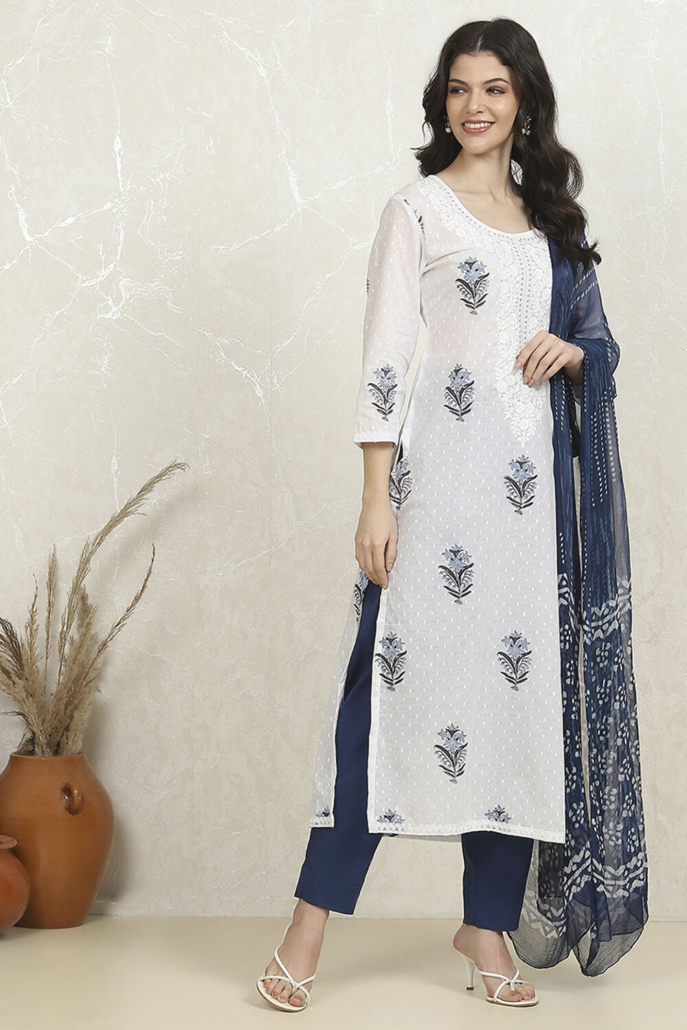 Indigo Cotton Hand Block Print Unstitched Suit Set image number 6