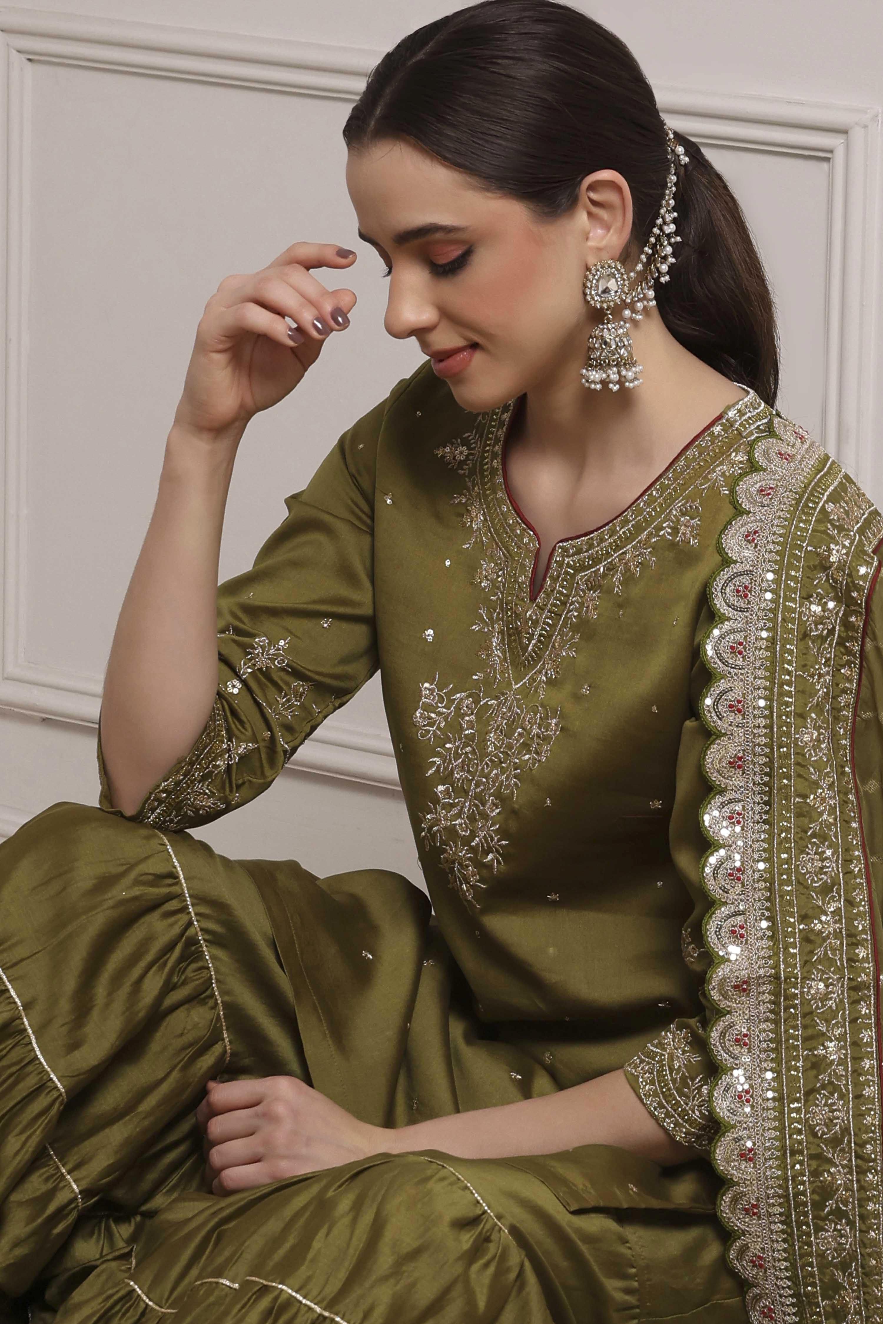 Mehndi Green Cotton Silk Straight Suit Set image number 0
