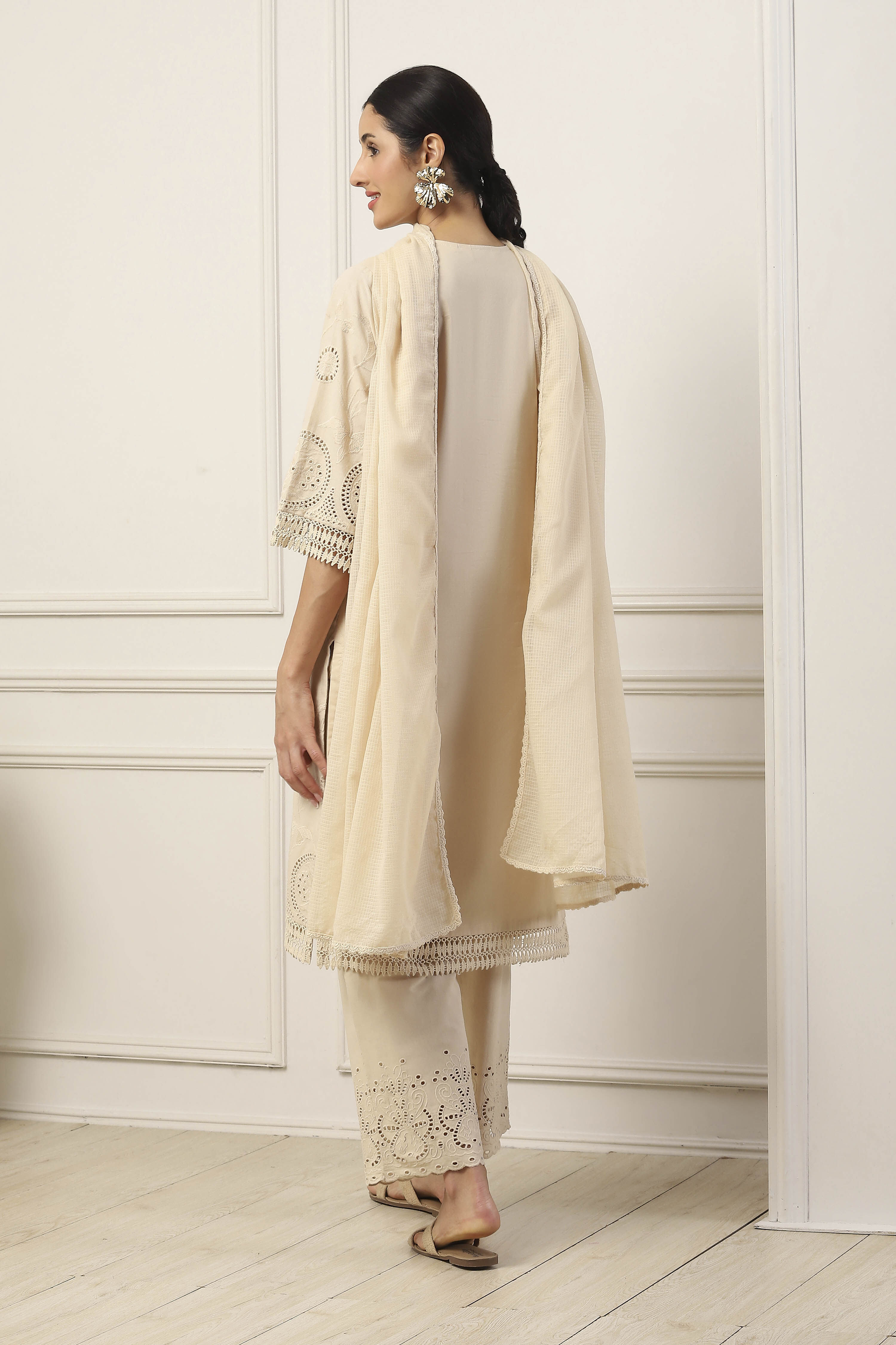 Beige Cotton All-Over Floral Straight Suit Set image number 4