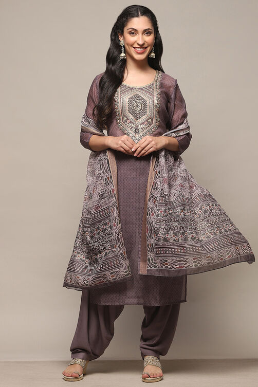 Earthy Green Chanderi Unstitched Suit Set image number 4