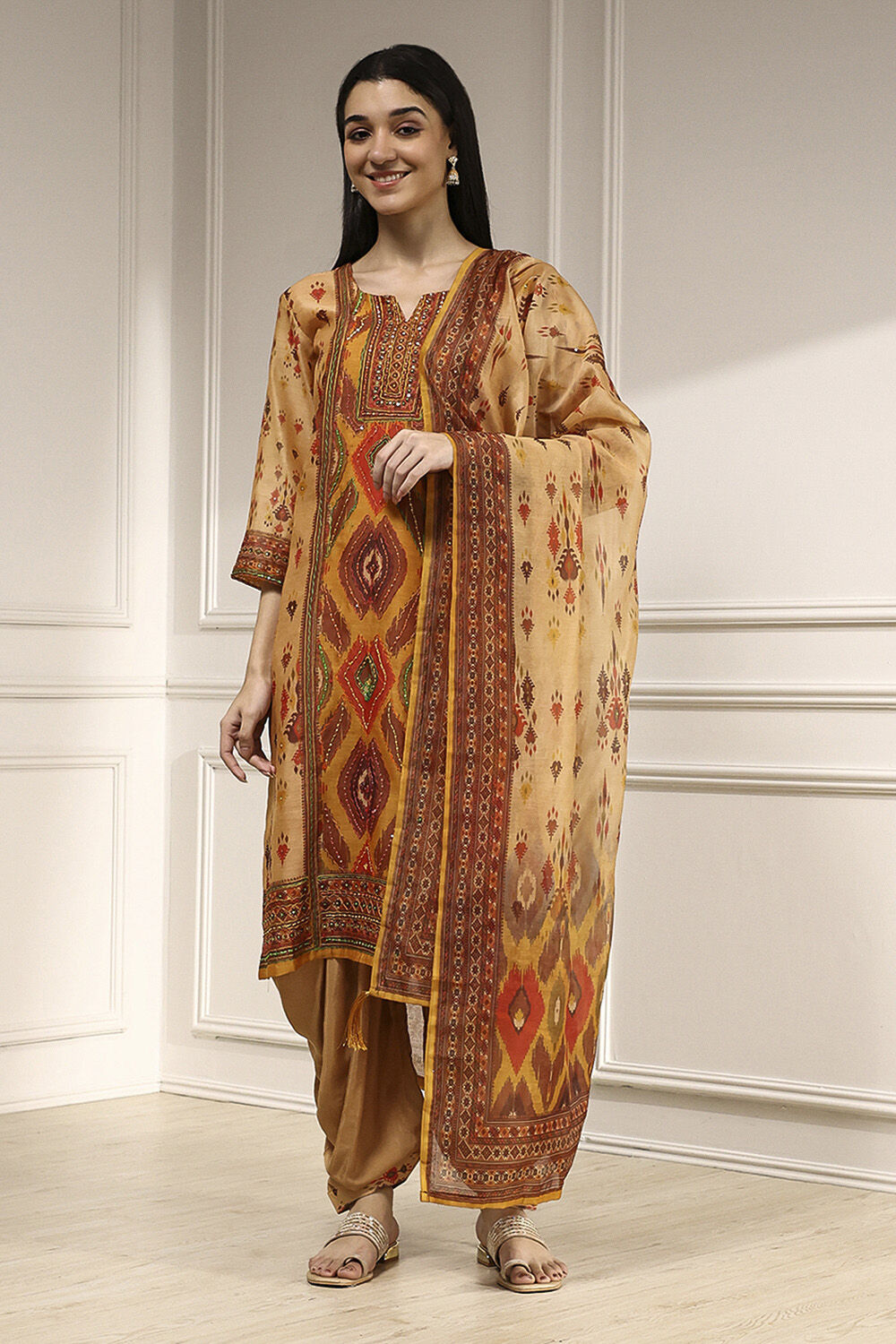 Cream Chanderi Printed Embroidered Unstitched Suit Set image number 1