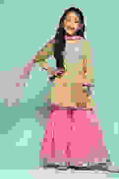 Lime Green Cotton Printed Kurta Garara Suit Set image number 5