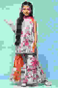 Off White Peplum Kurta With Sharara & Net Dupatta. image number 7