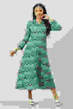 Turquoise Chevron Block Printed Shirt-Style Flared Dress image number 0