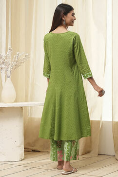 Green Cotton Yarn-Dyed Kalidar Suit Set image number 4