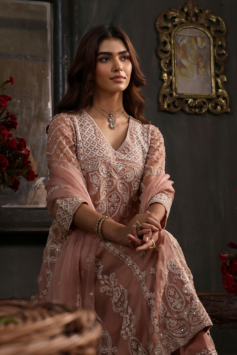 Light Green Organza Embroidered Kalidar Suit Set image number 7