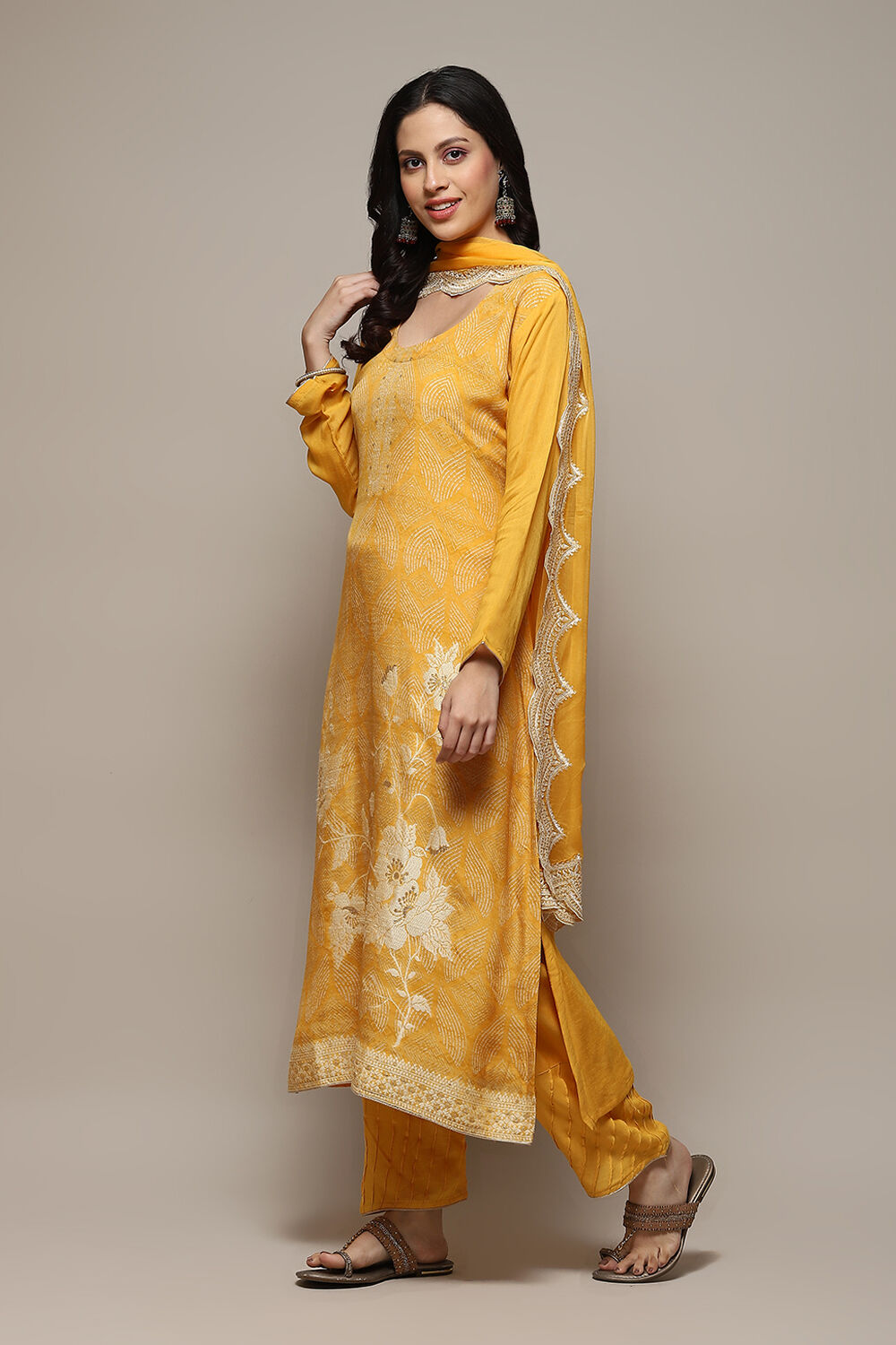 Yellow Linen Blend Digital Print Unstitched Suit Set image number 6