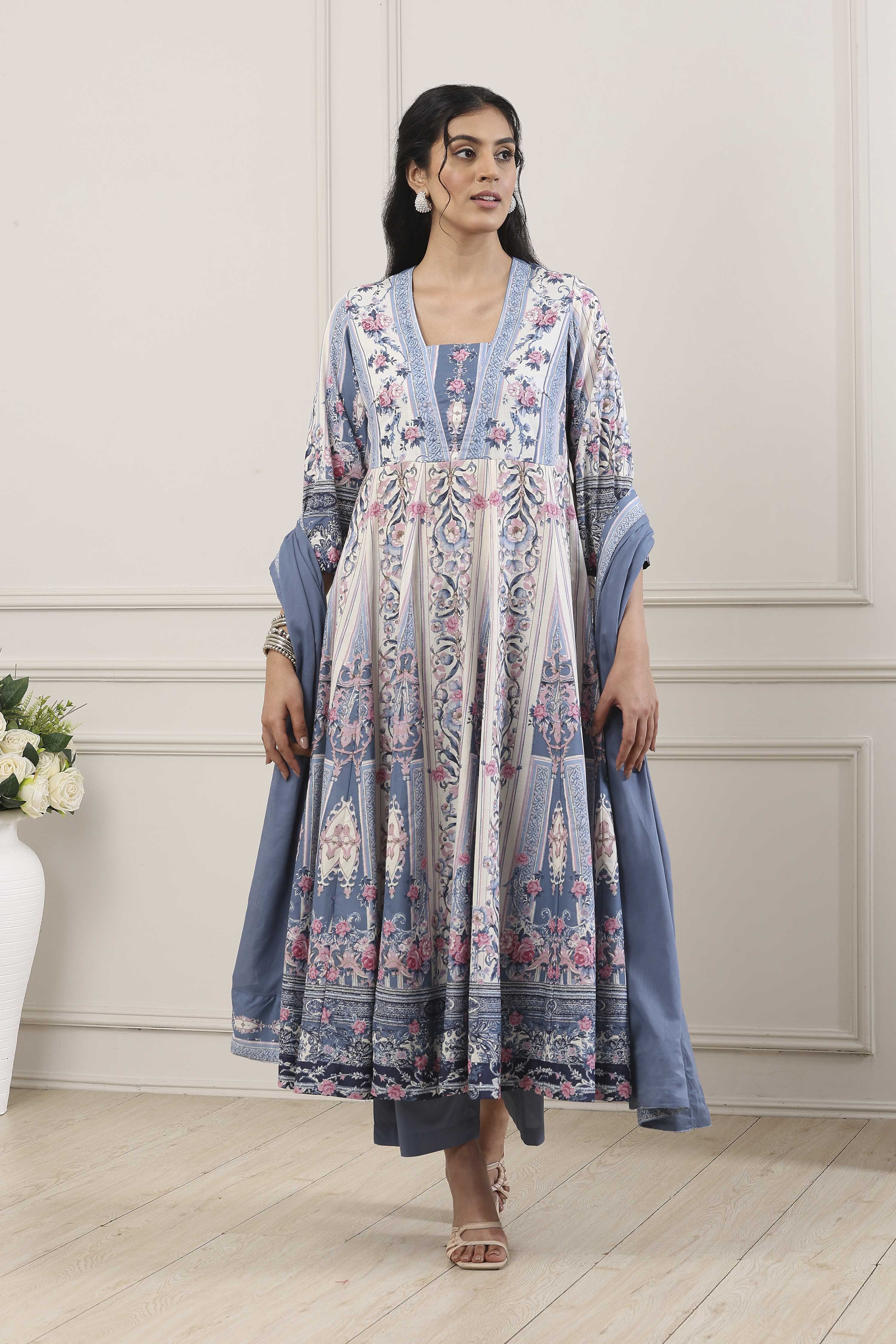 Blue Cotton Anarkali Suit Set image number 6