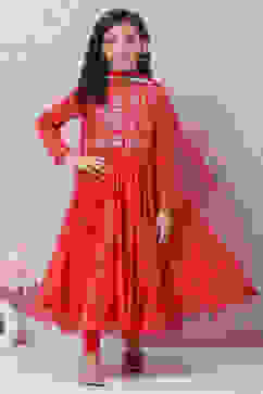 Red Cotton Anarkali Kurta Churidar Suit Set image number 0