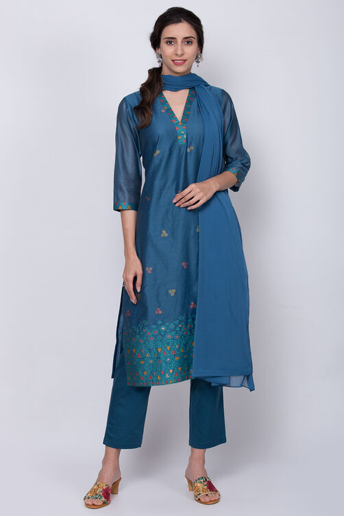 Blue Poly Cotton Straight Kurta Pant Suit Set image number 0