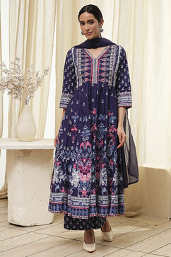 Indigo Cotton Floral Anarkali Suit Set image number 6