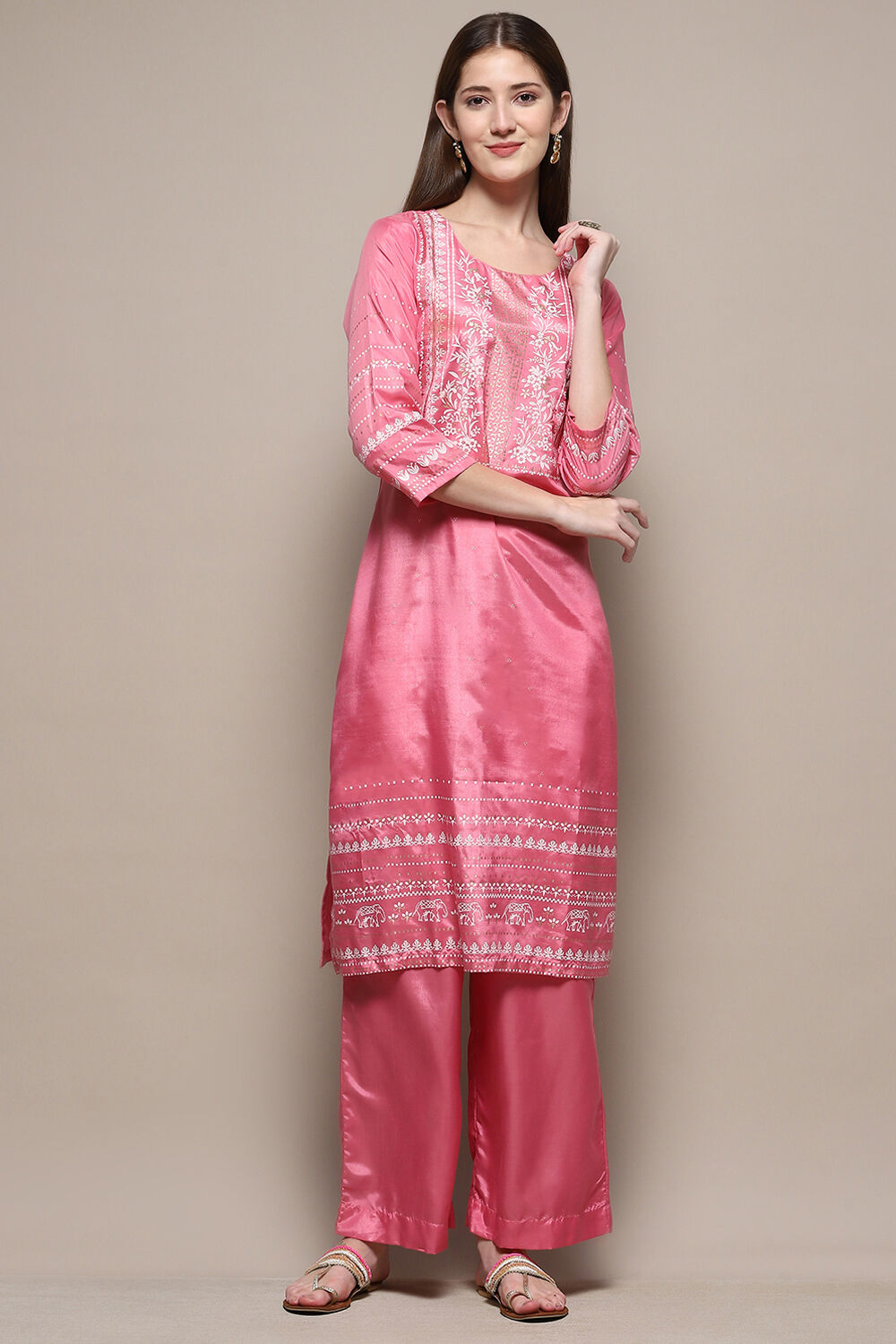 Pink Cotton Blend Straight Kurta Palazzo Suit Set image number 6