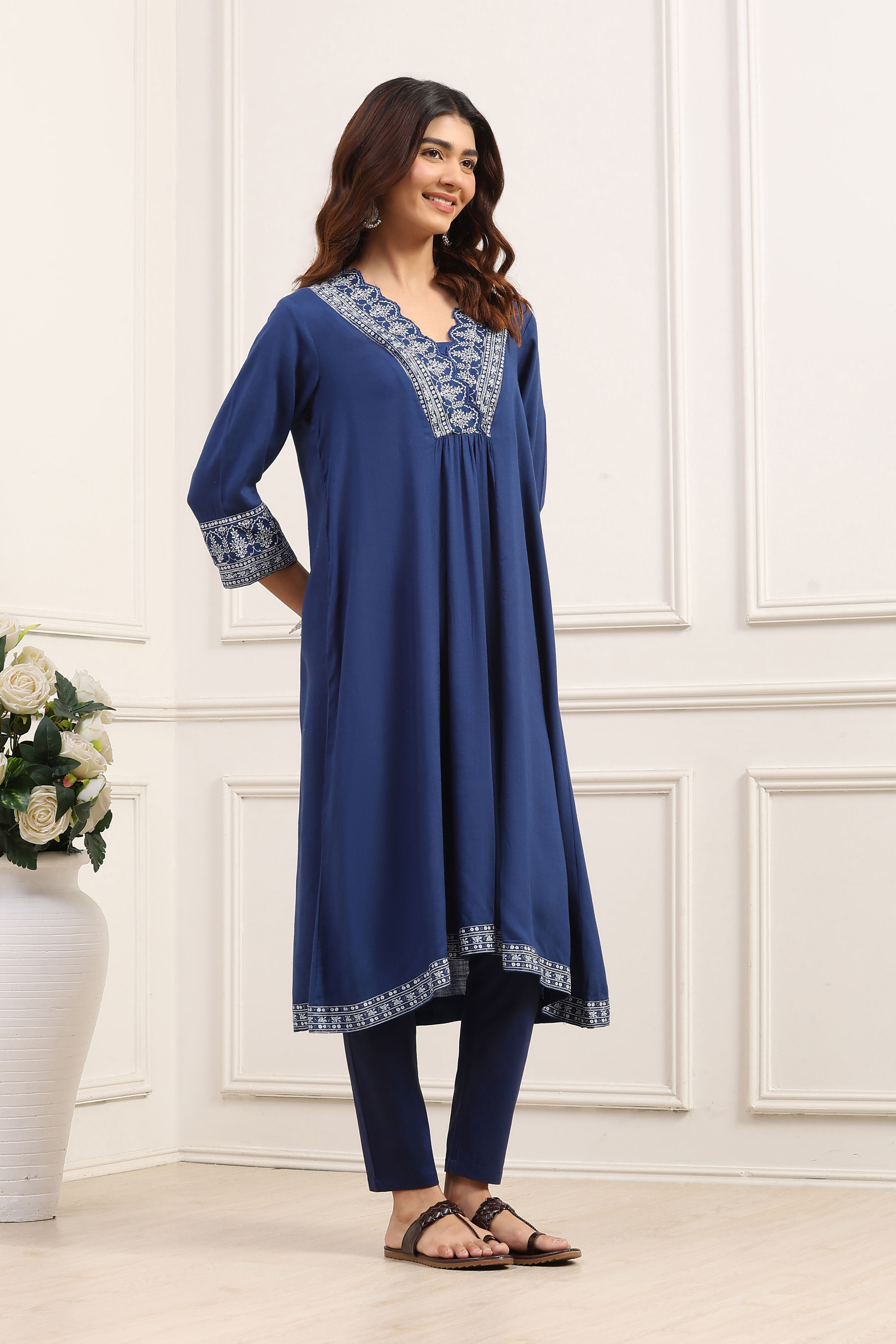Indigo Viscose Rayon A-Line Kurta image number 4