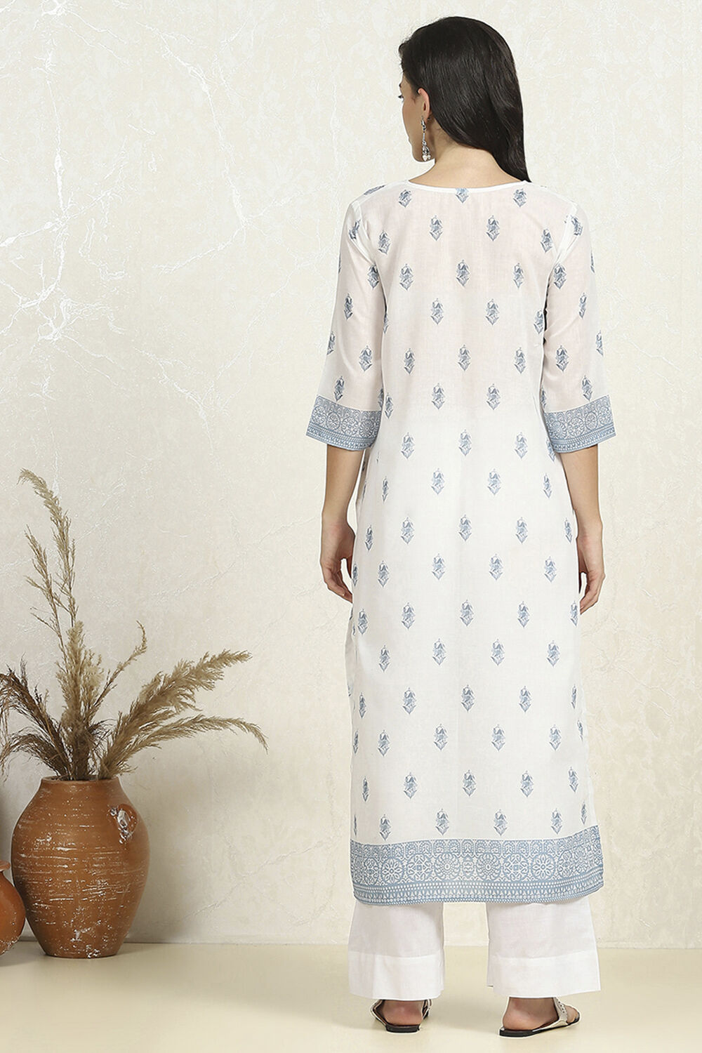 White and Blue Cotton Digital Print Unstitched Suit Set image number 5