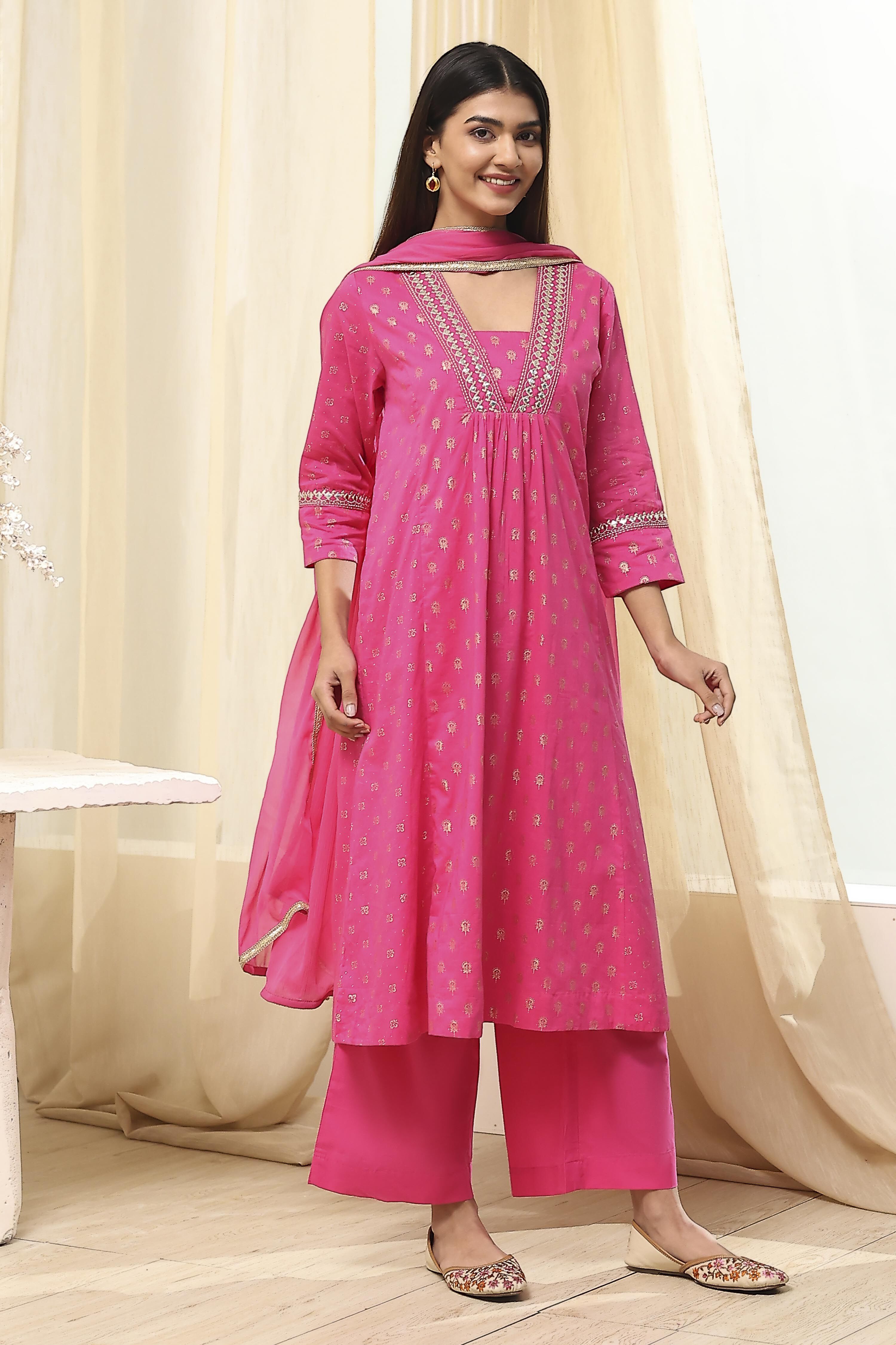 Fuchsia Cotton Printed Gathered Suit Set image number 6
