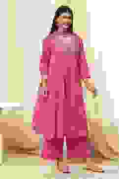 Fuchsia Cotton Printed Gathered Suit Set image number 6