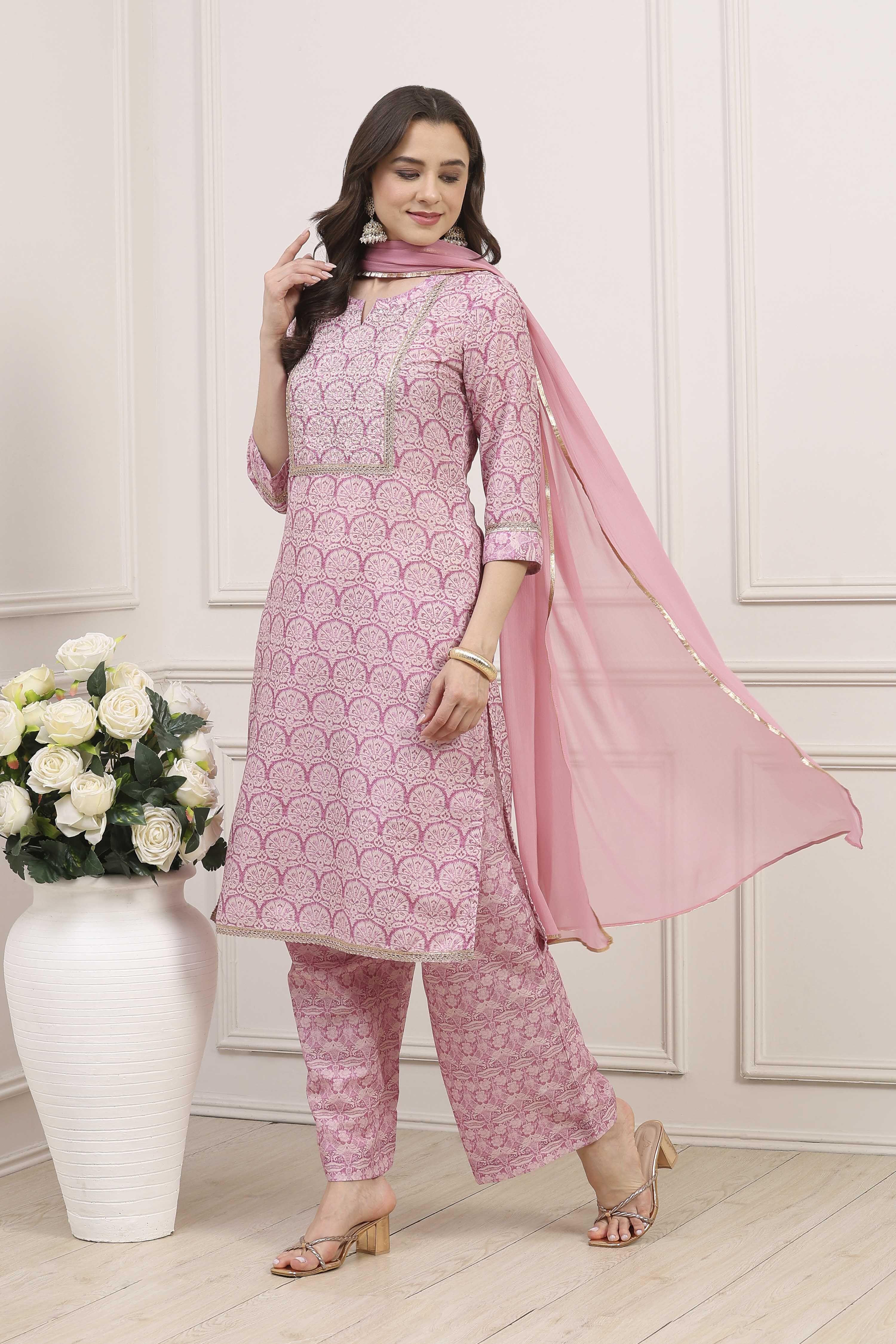 Pink Cotton Blend Straight Kurta Palazzo Suit Set image number 3