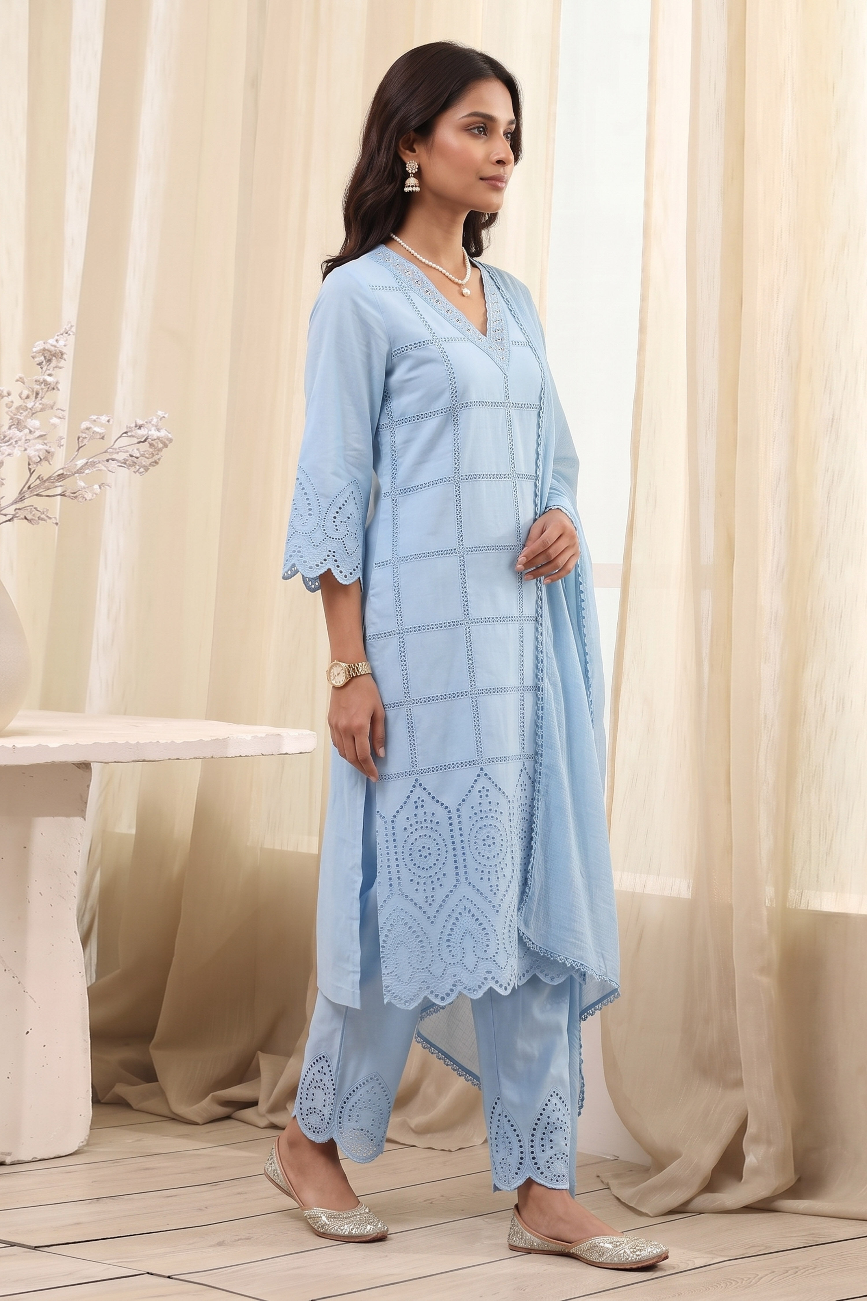 Blue Cotton Straight Suit Set image number 5
