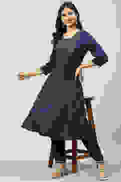 Navy Blue LIVA Metallic Straight Kurta Pants Suit Set image number 6