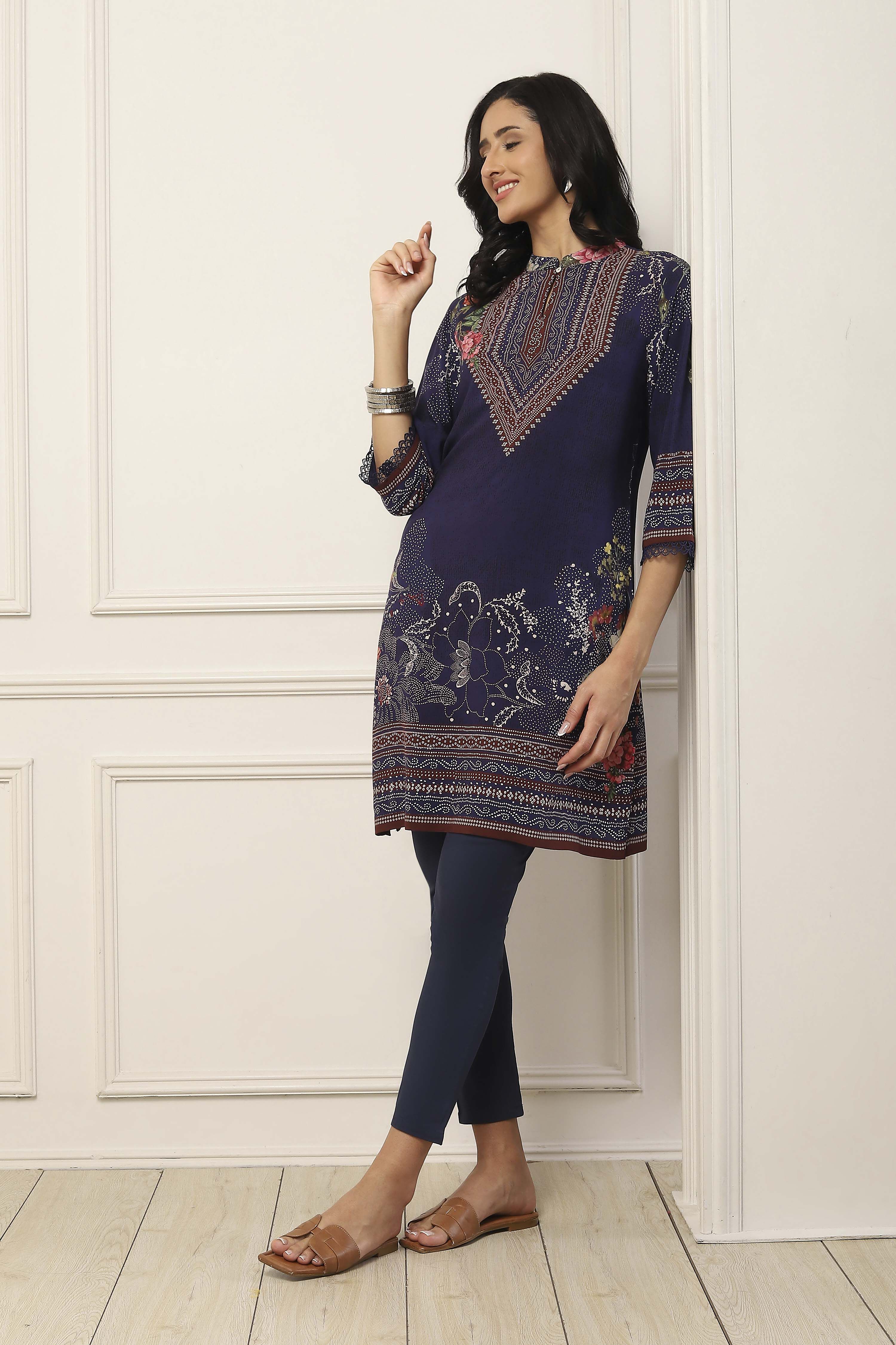 Blue Viscose Rayon Ethnic Motif Printed Straight Kurta image number 0