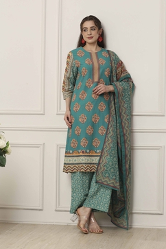 Green Cotton Floral & Chevron Printed Straight Suit Set