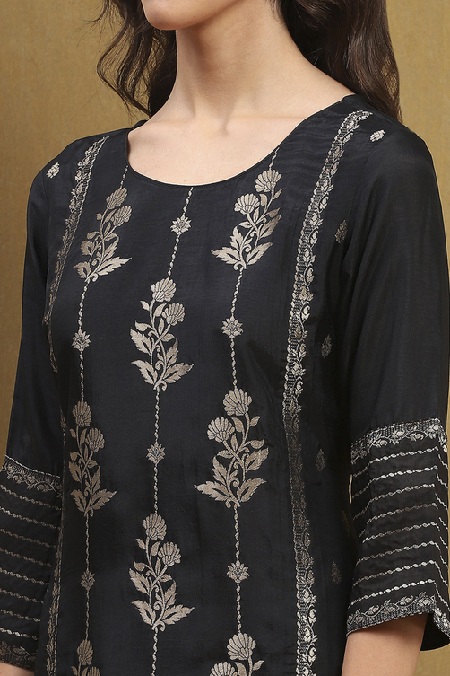 Black Viscose Blend Floral Yarn Dyed Straight Suit Set image number 1